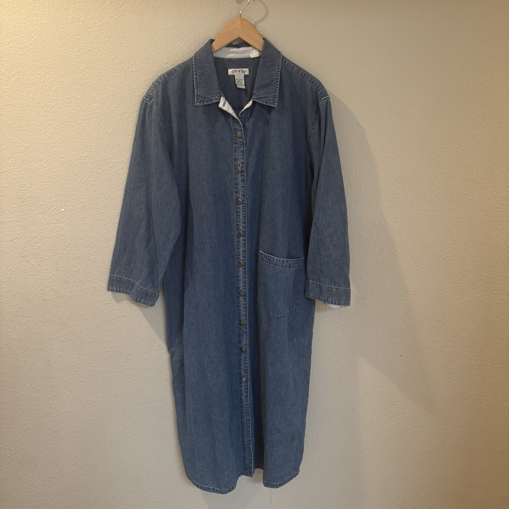 Vtg 90s Orvis Denim Midi Shirt Dress L Western Buffalo Nickel Coin Buttons